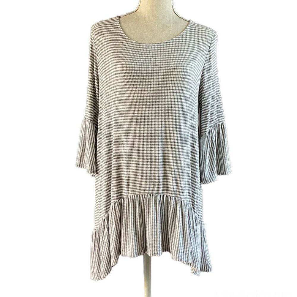 Pleione Gray White Strip Tunic Bell Sleeves S
